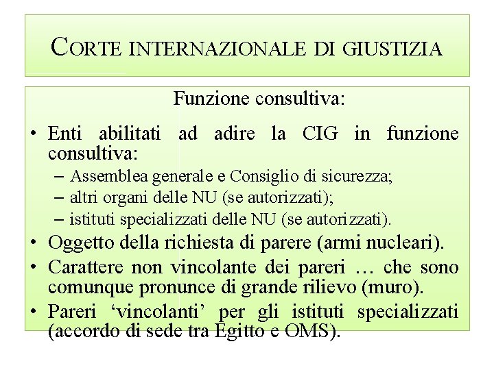 CORTE INTERNAZIONALE DI GIUSTIZIA Funzione consultiva: • Enti abilitati ad adire la CIG in