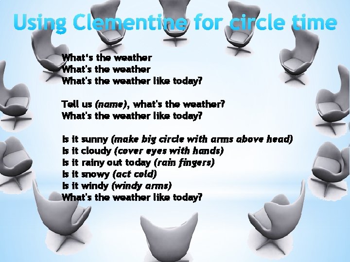Using Clementine for circle time What‘s the weather What's the weather like today? Tell
