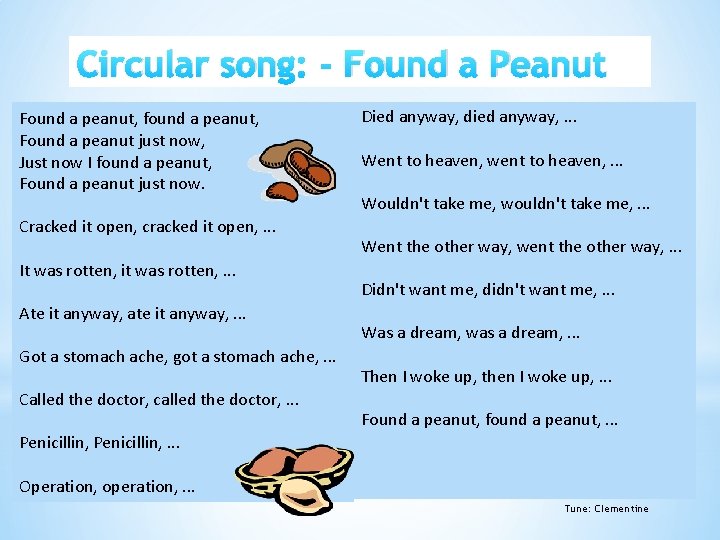 Circular song: - Found a Peanut Found a peanut, found a peanut, Found a