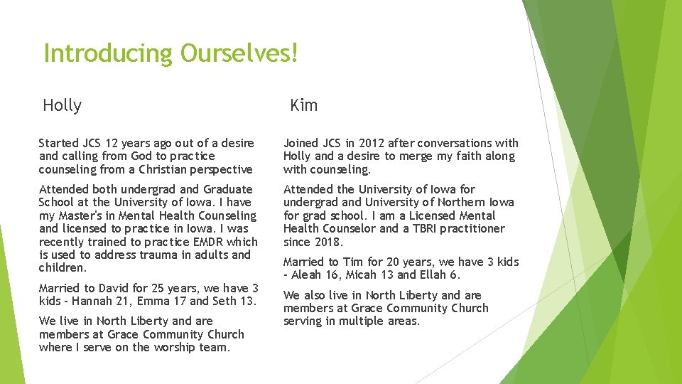 Introducing Ourselves! Holly Kim Started JCS 12 years ago out of a desire and