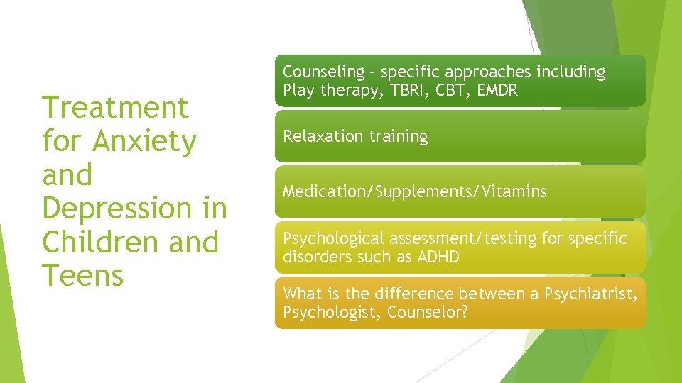 Treatment for Anxiety and Depression in Children and Teens Counseling – specific approaches including