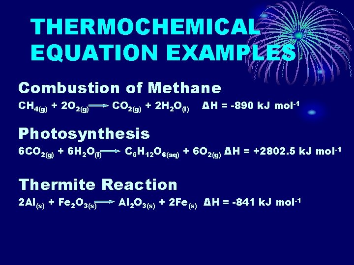 THERMOCHEMICAL EQUATION EXAMPLES Combustion of Methane CH 4(g) + 2 O 2(g) CO 2(g)