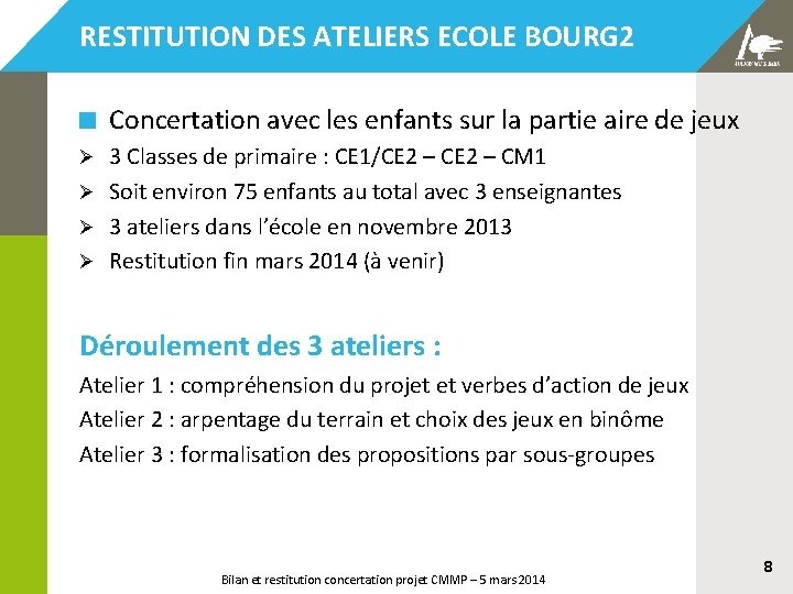 RESTITUTION DES ATELIERS ECOLE BOURG 2 Concertation avec les enfants sur la partie aire