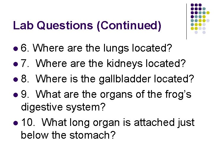 Lab Questions (Continued) 6. Where are the lungs located? l 7. Where are the