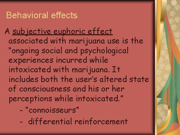 Behavioral effects A subjective euphoric effect associated with marijuana use is the “ongoing social