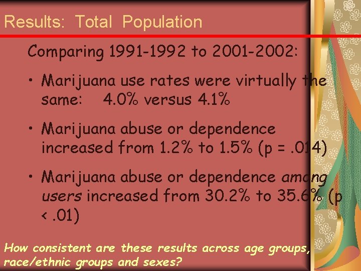 Results: Total Population Comparing 1991 -1992 to 2001 -2002: • Marijuana use rates were