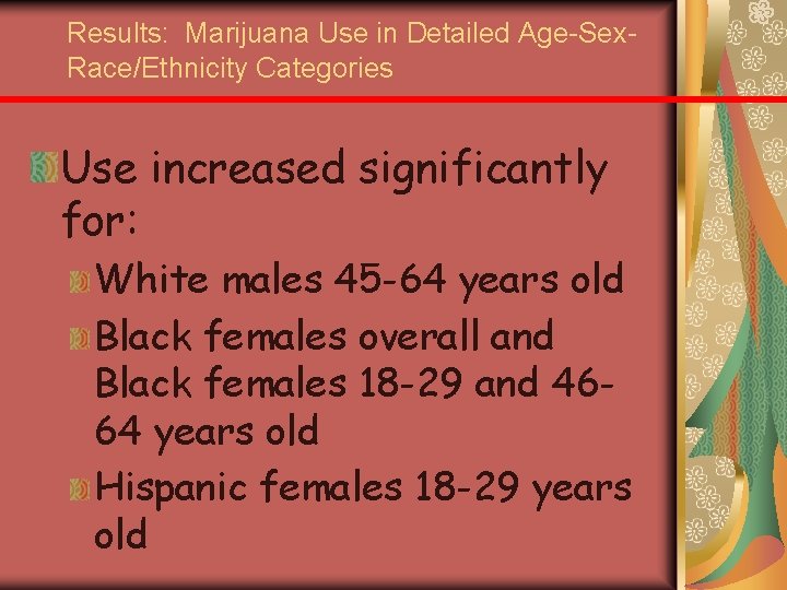 Results: Marijuana Use in Detailed Age-Sex. Race/Ethnicity Categories Use increased significantly for: White males
