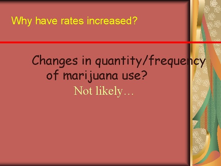 Why have rates increased? Changes in quantity/frequency of marijuana use? Not likely… 