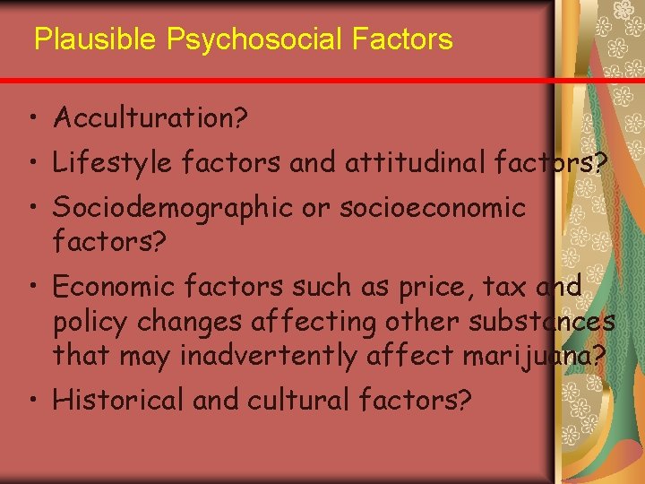 Plausible Psychosocial Factors • Acculturation? • Lifestyle factors and attitudinal factors? • Sociodemographic or