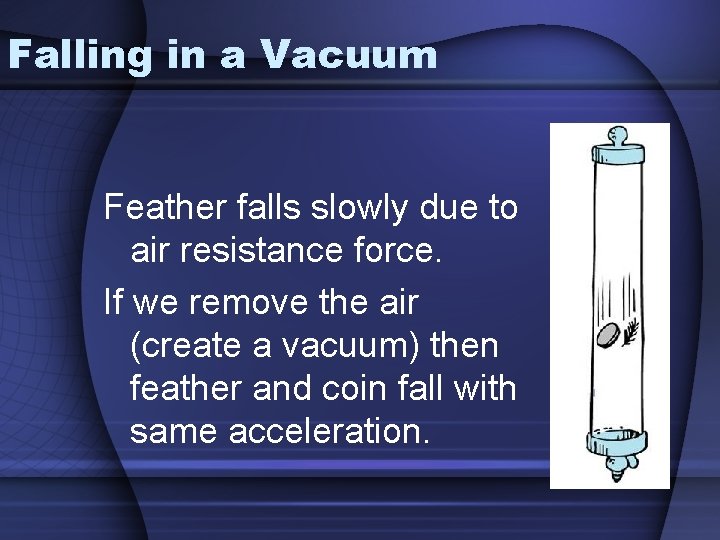 Falling in a Vacuum Feather falls slowly due to air resistance force. If we