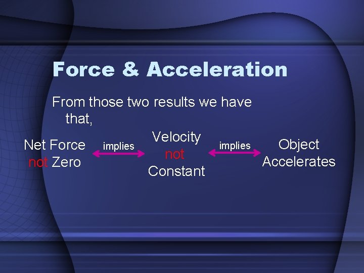 Force & Acceleration From those two results we have that, Velocity implies Object Net