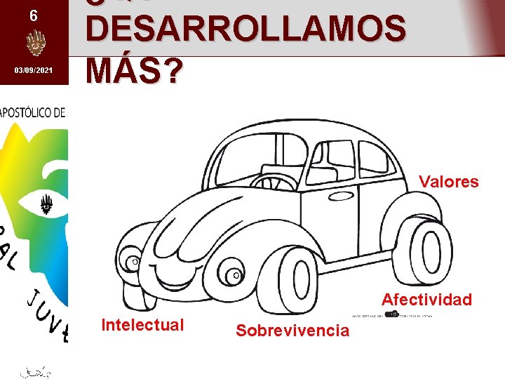 6 03/09/2021 ¿QUÉ DESARROLLAMOS MÁS? Valores Afectividad Intelectual Sobrevivencia 