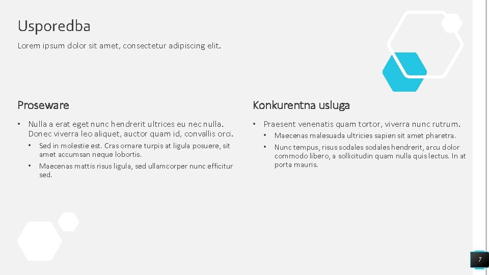 Usporedba Lorem ipsum dolor sit amet, consectetur adipiscing elit. Proseware Konkurentna usluga • Nulla Usporedba Lorem ipsum dolor sit amet, consectetur adipiscing elit. Proseware Konkurentna usluga • Nulla