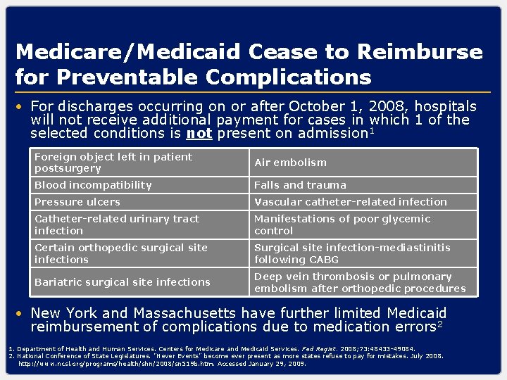 Medicare/Medicaid Cease to Reimburse for Preventable Complications • For discharges occurring on or after