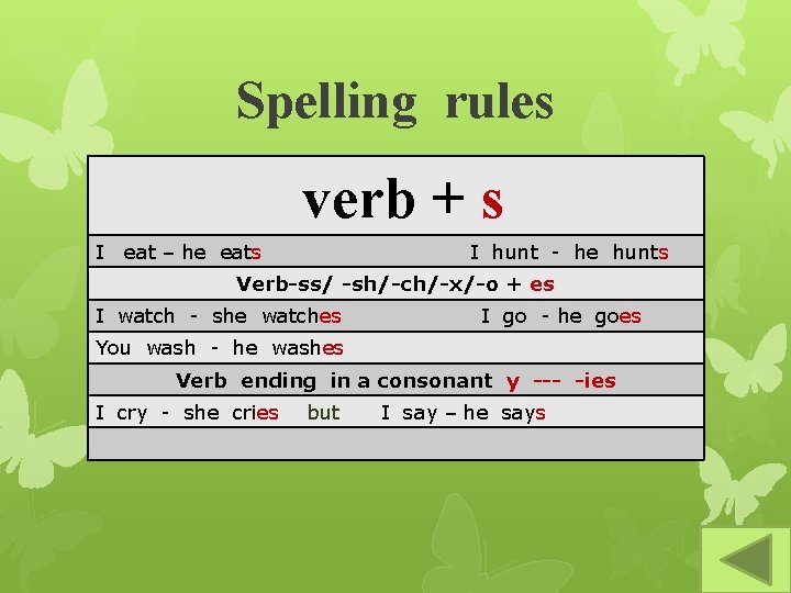 Spelling rules verb + s I eat – he eats I hunt - he