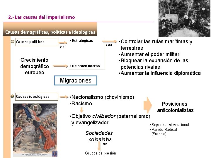 2. - Las causas del imperialismo Causas demográficas, políticas e ideológicas • Estratégicas Causas