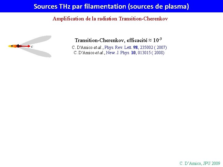 Sources THz par filamentation (sources de plasma) Amplification de la radiation Transition-Cherenkov - +