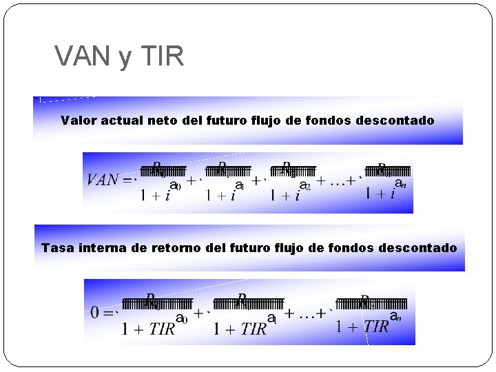 VAN y TIR Valor actual neto del futuro flujo de fondos descontado Tasa interna