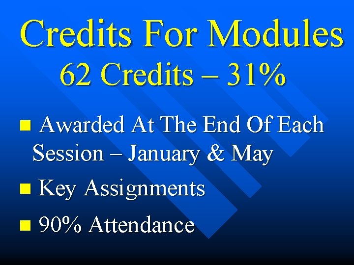 Credits For Modules 62 Credits – 31% n Awarded At The End Of Each