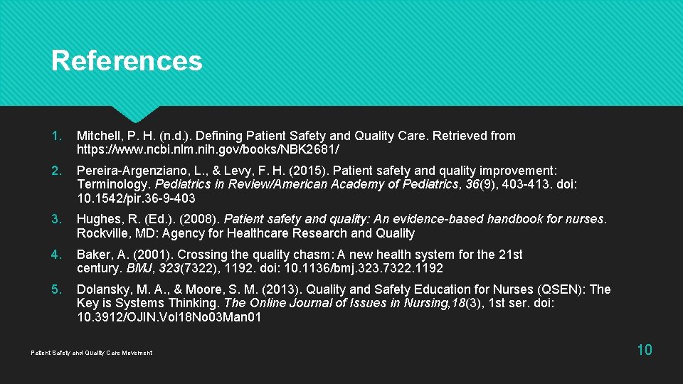 References 1. Mitchell, P. H. (n. d. ). Defining Patient Safety and Quality Care.