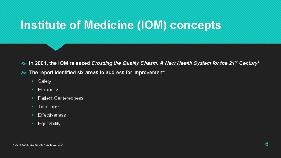 Institute of Medicine (IOM) concepts In 2001, the IOM released Crossing the Quality Chasm: