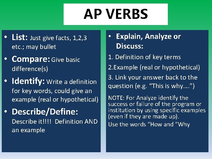 AP VERBS • List: Just give facts, 1, 2, 3 • Explain, Analyze or