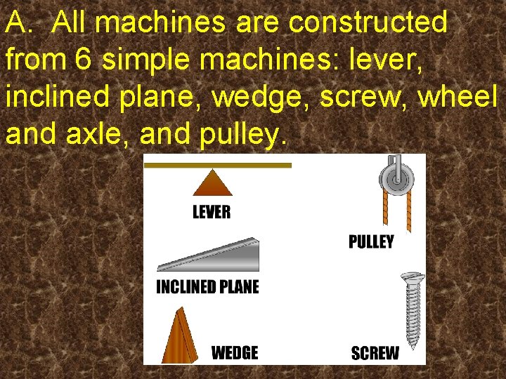 A. All machines are constructed from 6 simple machines: lever, inclined plane, wedge, screw,