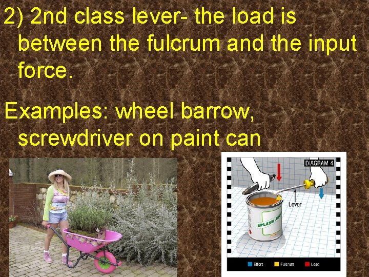 2) 2 nd class lever- the load is between the fulcrum and the input