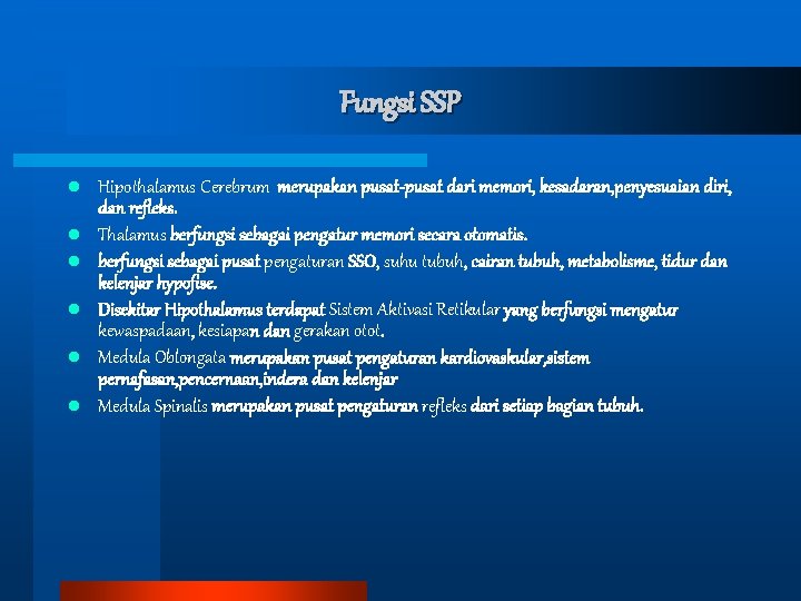 Fungsi SSP l l l Hipothalamus Cerebrum merupakan pusat-pusat dari memori, kesadaran, penyesuaian diri,