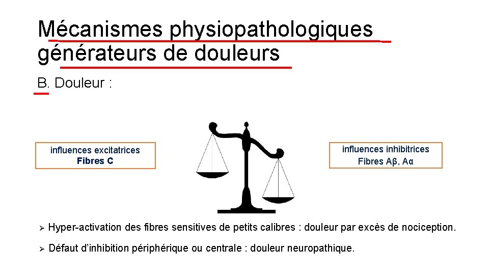 Mécanismes physiopathologiques générateurs de douleurs B. Douleur : influences excitatrices Fibres C influences inhibitrices