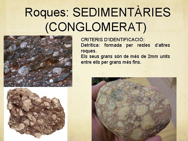 Roques: SEDIMENTÀRIES (CONGLOMERAT) CRITERIS D’IDENTIFICACIÓ: Detrítica: formada per restes d’altres roques. Els seus grans