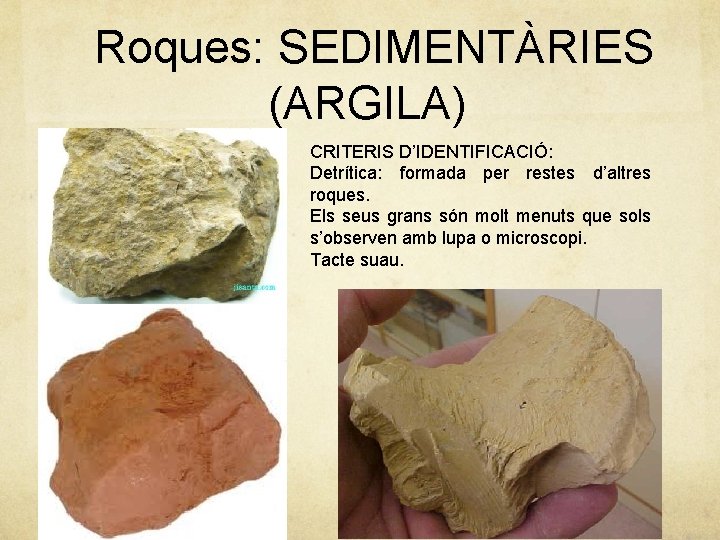 Roques: SEDIMENTÀRIES (ARGILA) CRITERIS D’IDENTIFICACIÓ: Detrítica: formada per restes d’altres roques. Els seus grans