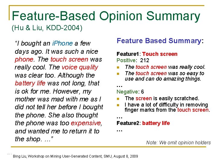 Feature-Based Opinion Summary (Hu & Liu, KDD-2004) “I bought an i. Phone a few