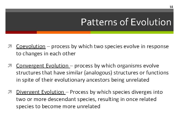 18 Patterns of Evolution Coevolution – process by which two species evolve in response