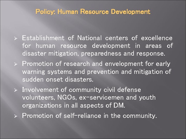 Policy: Human Resource Development Ø Ø Establishment of National centers of excellence for human