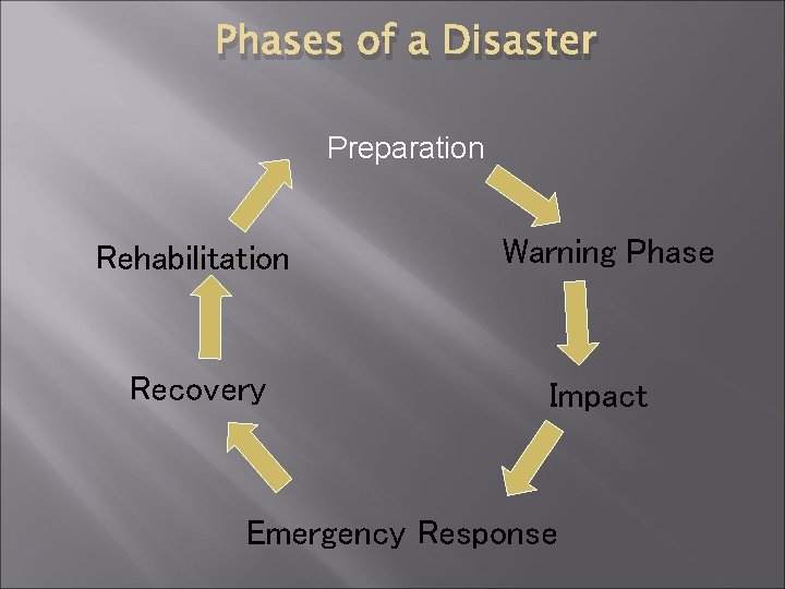 Phases of a Disaster Preparation Rehabilitation Warning Phase Recovery Impact Emergency Response 