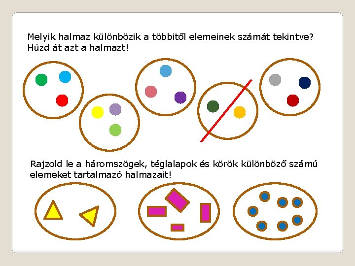 Melyik halmaz különbözik a többitől elemeinek számát tekintve? Húzd át azt a halmazt! Rajzold