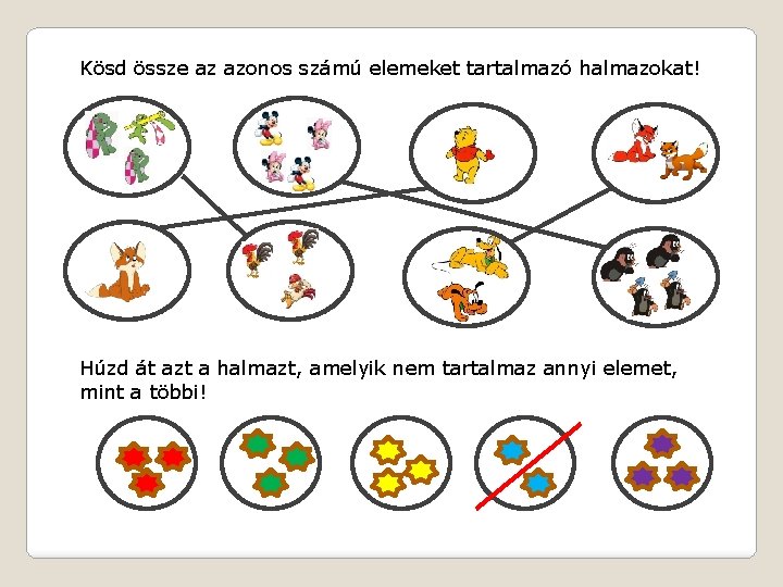 Kösd össze az azonos számú elemeket tartalmazó halmazokat! Húzd át azt a halmazt, amelyik