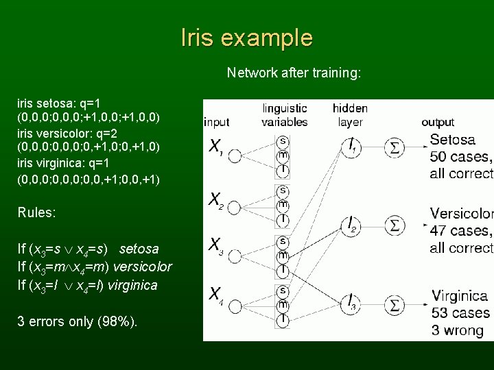 Iris example Network after training: iris setosa: q=1 (0, 0, 0; +1, 0, 0)