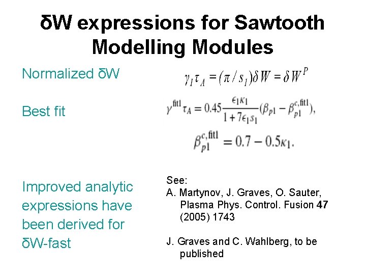 δW expressions for Sawtooth Modelling Modules Normalized δW Best fit Improved analytic expressions have