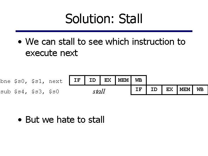 Solution: Stall • We can stall to see which instruction to execute next bne