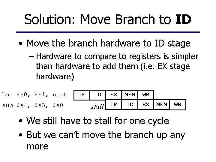Solution: Move Branch to ID • Move the branch hardware to ID stage –