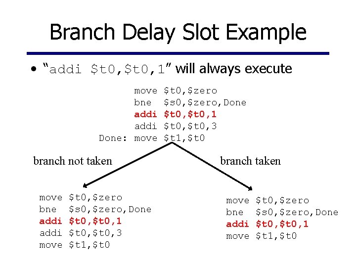 Branch Delay Slot Example • “addi $t 0, 1” will always execute move bne