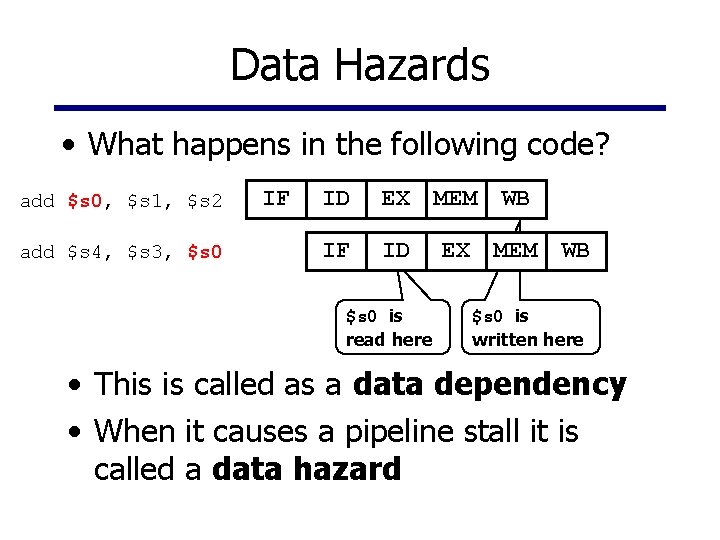 Data Hazards • What happens in the following code? add $s 0, $s 1,