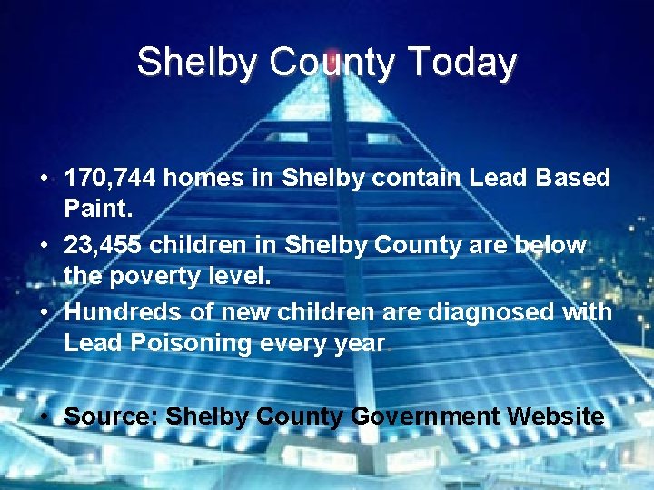 Shelby County Today • 170, 744 homes in Shelby contain Lead Based Paint. •