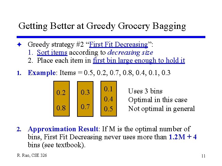 Getting Better at Greedy Grocery Bagging F Greedy strategy #2 “First Fit Decreasing”: 1. Getting Better at Greedy Grocery Bagging F Greedy strategy #2 “First Fit Decreasing”: 1.