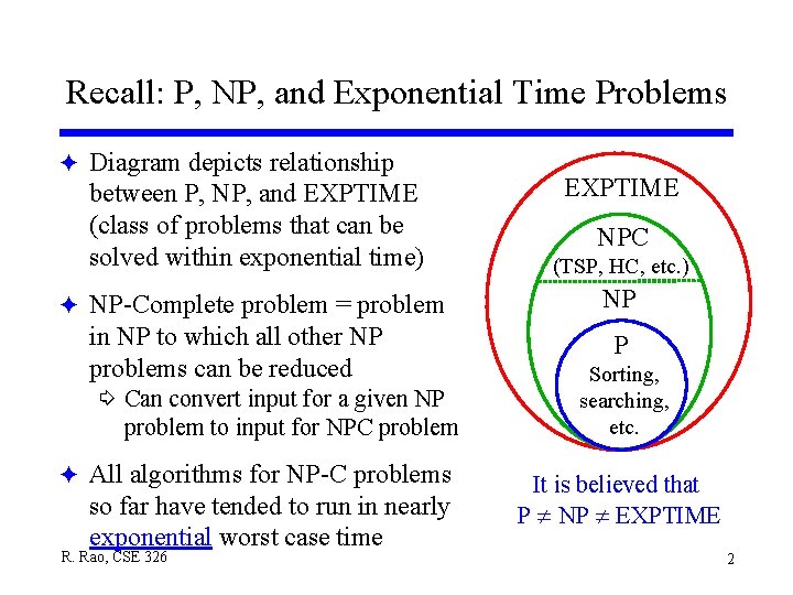Recall: P, NP, and Exponential Time Problems F Diagram depicts relationship EXPTIME between P, Recall: P, NP, and Exponential Time Problems F Diagram depicts relationship EXPTIME between P,