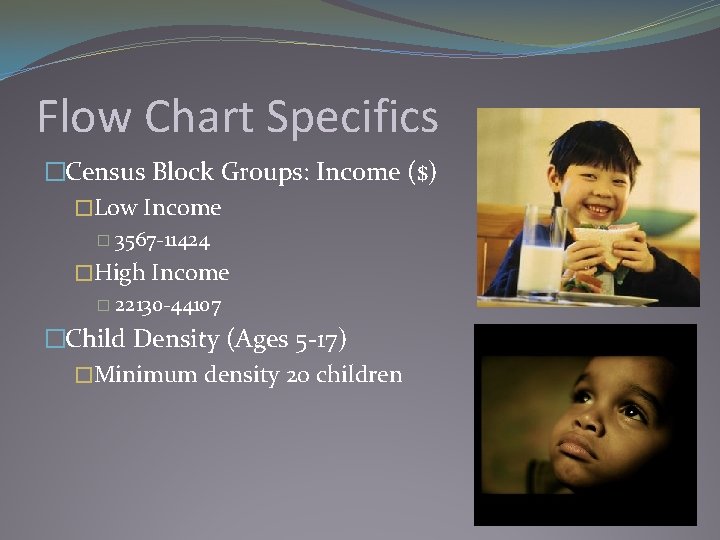 Flow Chart Specifics �Census Block Groups: Income ($) �Low Income � 3567 -11424 �High