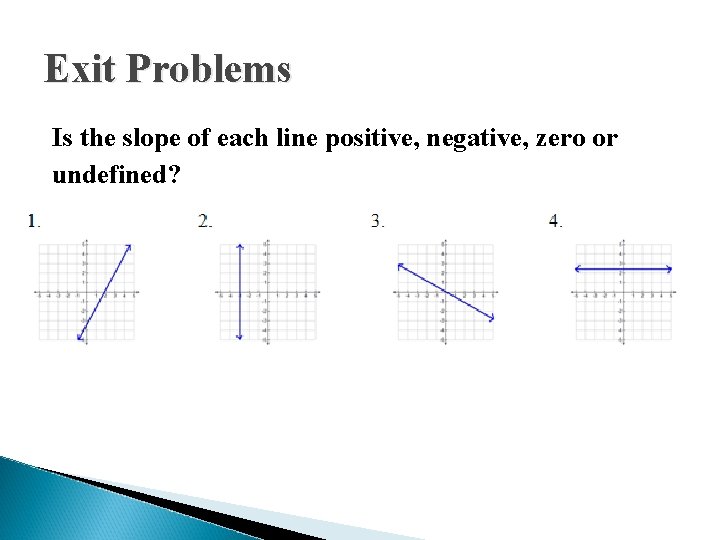 Exit Problems Is the slope of each line positive, negative, zero or undefined? 
