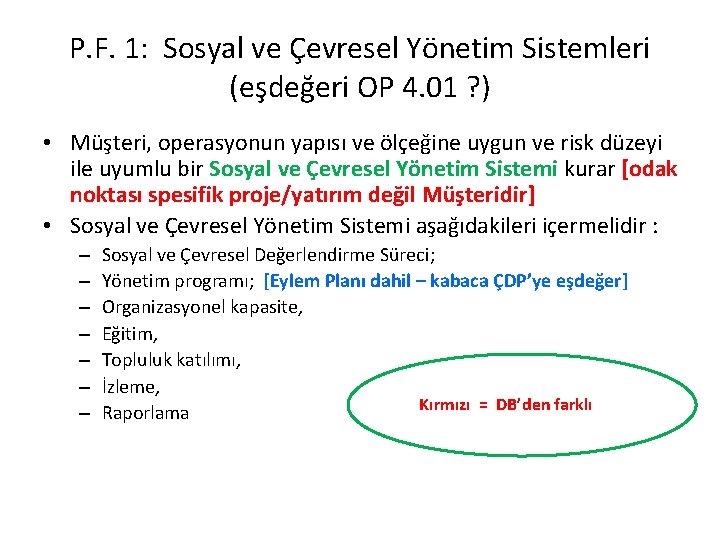 P. F. 1: Sosyal ve Çevresel Yönetim Sistemleri (eşdeğeri OP 4. 01 ? )